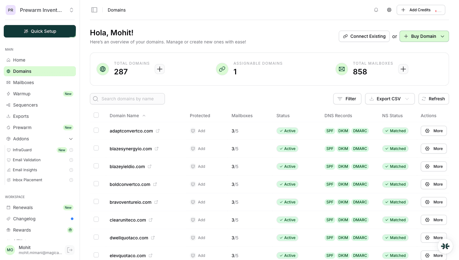 InboxKit domain management with DMARC alignment status indicators